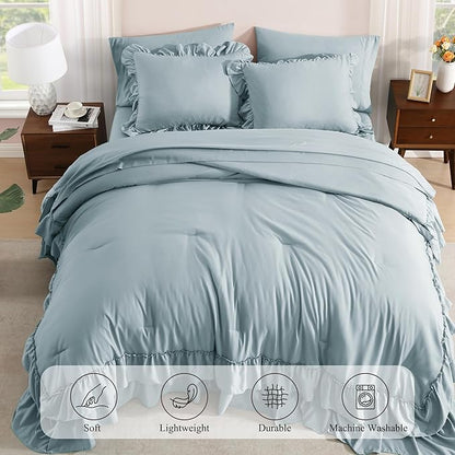 Queen Comforter Set Dusty Blue, Ruffle Shabby Chic Bedding Set Farmhouse 7 Pieces, All Season Fluffy Bed in a Bag with Sheets, Pillowcases & Shams
