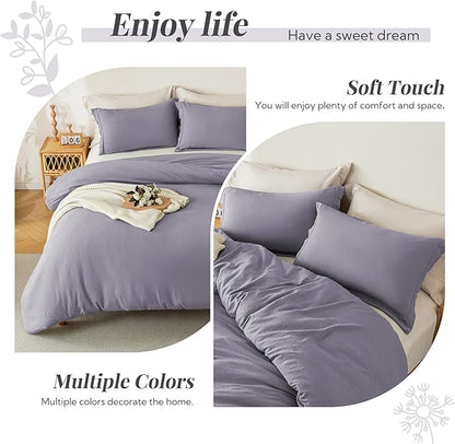 MILDLY Super Soft Duvet Cover - 100% Washed Microfiber Grayish Lavender Comforter Cover Set 3 Pieces with Zipper Closure & Corner Ties (No Comforter)