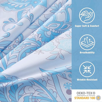 JSD Blue Paisley Sheet Set Twin Size, 3 Piece Soft Floral Printed Microfiber Sheets Extra Deep Pocket