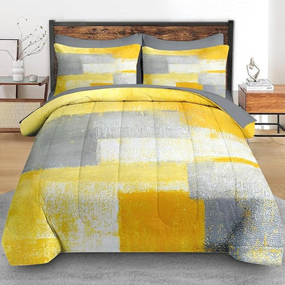 Comforter Set Queen Size, Grey Yellow Painting Gray 7 Pcs Bedding for Kids and Adults, Office Contemporary Abstract Bed Sheet Sets with Fitted Sheet 2 Pillowcase & 2 Sham for Bedroom Bed Decor