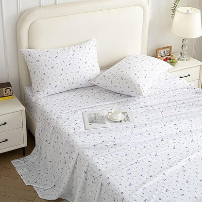 Softan Purple Floral King Bed Sheet Set, Cozy Microfiber Patterned Fitted Sheets with 15" Deep Pocket & Non-Slip Straps, Cute Purple Flower Printed Sheets & Pillowcase Set King
