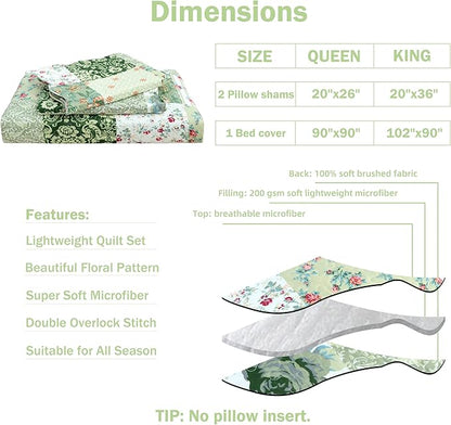Cmfshape Summer Floral Queen Quilted Bedspread,Romantic Green Quilt Set,Reversible Stitched Bedding Cover All Season,Soft Lightweight Coverlet with Pillow Cases (Green&White, Queen90 x90)