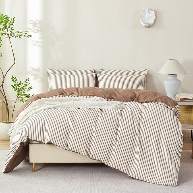 Comforter Set King Dark Brown Striped Soft Luxury Washed Microfiber Jacquard 3 Pieces Bedding, White Dark Brown Vertical Ticking Stripes Comforter with 2 Pillowcases Breathable Durable Comfy