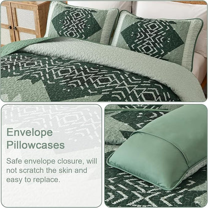 Dintszyayue Green Boho Quilt Set King Size,3 Piece Aztec Texture Bedspread Coverlet Set Soft Lightweight Bedding Set Geometric Bohemian Bedspread with 2 Pillowcases(Green,90"x103")