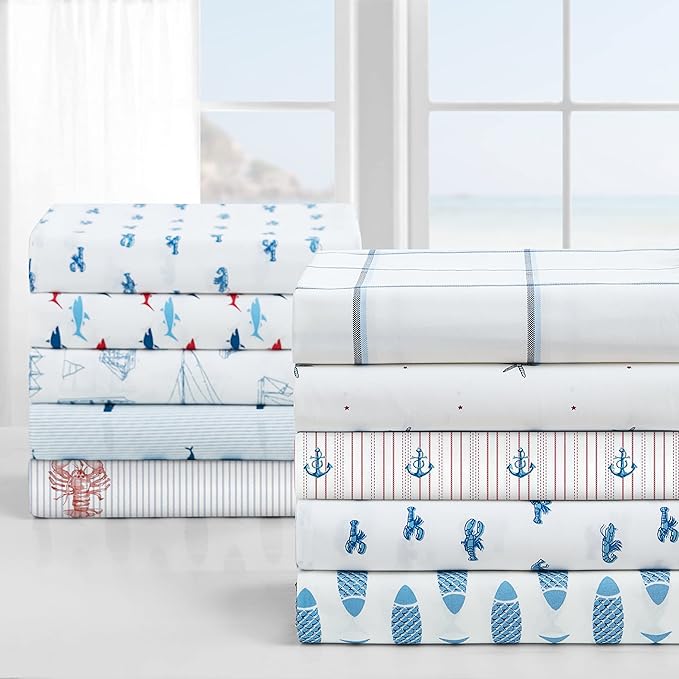 Nautica - Twin XL Sheets, Cotton Percale Bedding Set, Fully Elasticized, Ideal Dorm Essentials (Whale Stripe Blue, Twin XL)