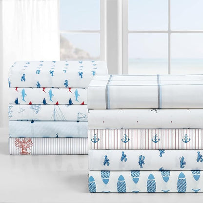 Nautica - Twin XL Sheets, Cotton Percale Bedding Set, Fully Elasticized, Ideal Dorm Essentials (Whale Stripe Blue, Twin XL)