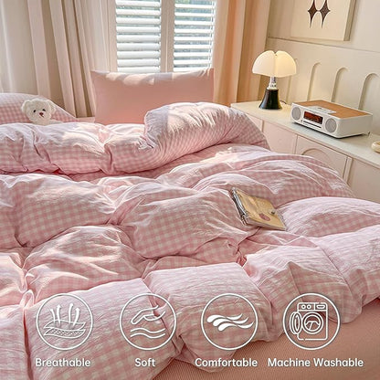 BOLINLIVING Gingham Queen Comforter Set 3 Pieces, Soft Breathable Bed in a Bag Queen Size, Pink White Checkered Plaid Bedding Set for All Season, 1 Comforter & 2 Pillowcases