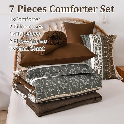 WONGS BEDDING Boho Comforter Set Queen, 7 Pieces Brown Comforter Bedding Set,Bohemian Paisley Floral Bed in a Bag,Soft Microfiber Striped Comforter Bedding Sets for All Season