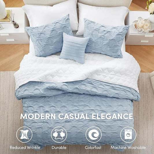 Comfort Spaces Comforter for King Size Bed, Ogee Ruched with Crinkle Texture, Breathable Comforter Set King, All Season Lightweight Bedding Set, Shams, Décor Pilow, King/Cal King Blue 4 Piece