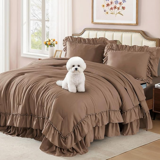 King Size Comforter Set Amber Brown, Ruffle Shabby Chic Bedding Set Farmhouse 7 Pieces, All Season Fluffy Bed in a Bag with Sheets, Pillowcases & Shams
