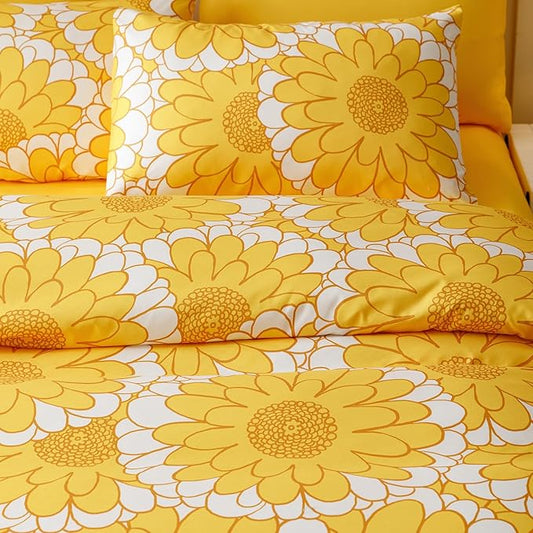 CLOTHKNOW Yellow Sunflower Queen Comforter Set Floral Bedding Comforter Sets Botanical Queen Comforter with 2 x Pillow Cases