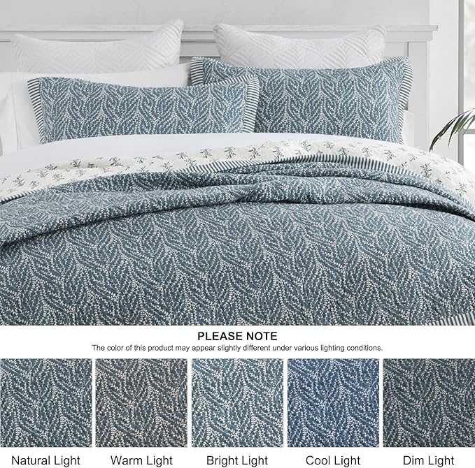 SahSahCasa Quilt Set Queen Size, 100% Cotton Quilt Bedding Set Bedspread, Botanical Pattern Solid Color Chic Lightweight Quilted Comforter for Queen Bed, White/Grayish-Blue, All Season, 3 Pieces