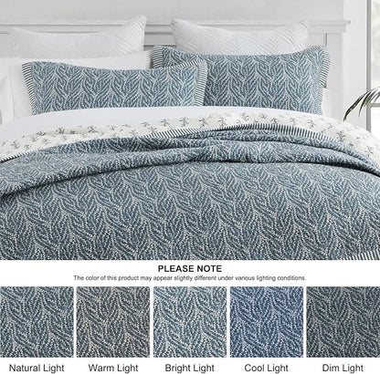 SahSahCasa Quilt Set Queen Size, 100% Cotton Quilt Bedding Set Bedspread, Botanical Pattern Solid Color Chic Lightweight Quilted Comforter for Queen Bed, White/Grayish-Blue, All Season, 3 Pieces