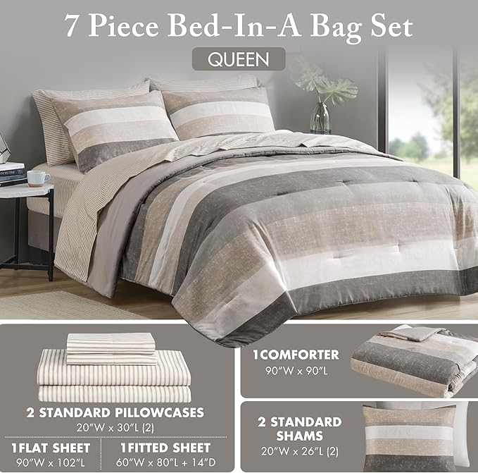 Madison Park Essentials Queen Comforter Set, Bed in A Bag Comforter & Sheet Set, Modern Casual Stripes Print, All Seasons, Soft Microfiber Bedding Makeover, Matching Shams, Queen Taupe/Grey 7 Piece