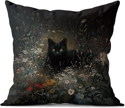 Vintage Floral Black Cat Pillow Covers 18x18, cat Gifts for Women,Dark Cottagecore Flower Decor, Gothic Moody Black Kitten Pillowcase for Prayer Room，Aesthetic Black Cats Vintage Cats Decor