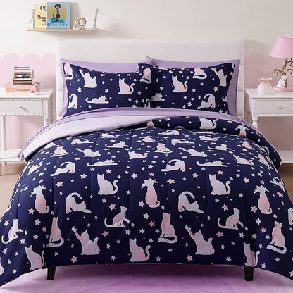 Full Size Comforter Set for Girls-7 Pieces Cute Cat Full Bedding Sets for Kids, Ultra Soft Bed in A Bag with Sheets