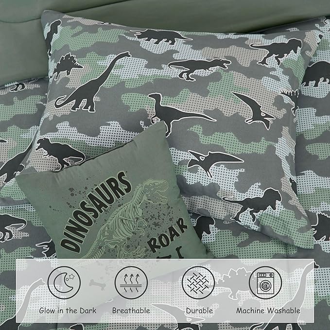 Twin Comforter Set for Boys-3 Pieces Dinosaur Glow in the Dark Twin Bedding Sets for Kids,1 Comforter,1 Sham and 1 Decor Pillow