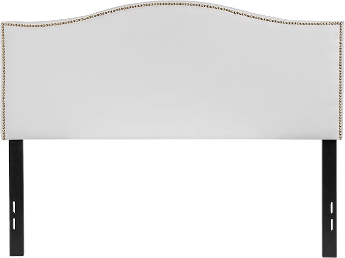EMMA + OLIVER Upholstered Full Size Headboard with Nailtrim in White Fabric