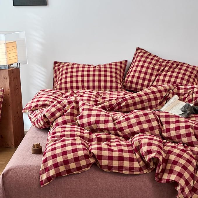 EAVD Vintage Style Red Gingham Duvet Cover Twin Soft 100% Washed Cotton 3-Piece Reversible Plaid Checkered Bedding Set with 2 Pillowcases Farmhouse Buffalo Plaid Duvet Cover with Zipper Closure