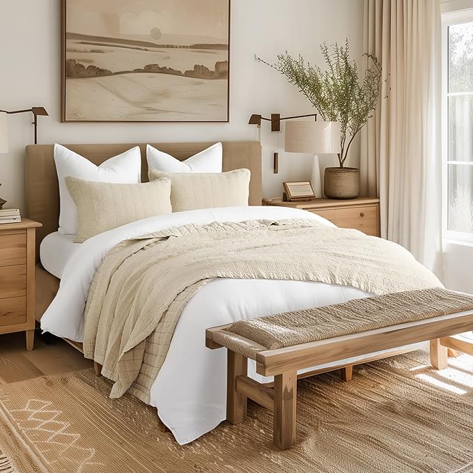 EVERGRACEHOME Stonewashed Cotton Quilt Set King Size, Ultra Soft Oversized Bedspread Coverlet Set, Lightweight Crinkle Box Stitch Bedding Sets for All Season, with 2 Shams, Flax Beige