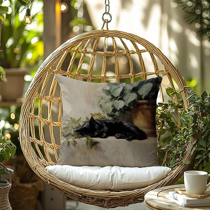 Vintage Sleeping Black Cat Throw Pillow Covers 18x18, cat Gifts for Women,Rustic Farmhouse Decor, Gothic Moody Black Kitten Pillowcase，Aesthetic Black Cats Vintage Cats Decor