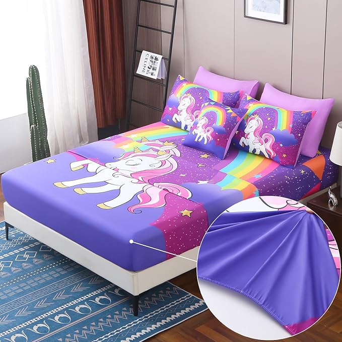 JQinHome Unicorn Queen Bedding Sets for Girls Kids,8 Piece Bed in A Bag 3D Purple Rainbow Theme Unicorn Comforter Set with Sheet Set(Rainbow)