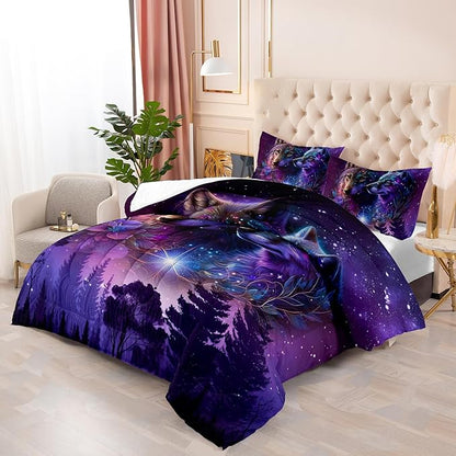 Wolf Bedding Set - Queen Size Camping Theme Comforter Set with Animal Print