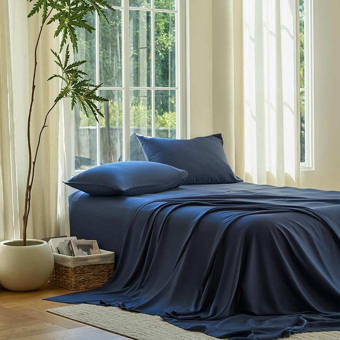 DOZ Sheet Set, 100% Viscose derived from Bamboo, Organically Grown, Buttery Soft, Cooling Sheets, High GSM, Deep Pockets - 4 Piece - 2 Pillowcases 1 Fitted 1 Top Sheet (Sapphire, King)