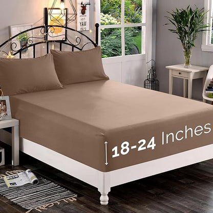 Elegant Comfort 1500 Premium Quality Fitted Sheet Ultra Soft 18-24 Inch Extra Deep Pocket - Single Fitted Sheet for High Mattress - Wrinkle Free with Smart Storage Pockets, Full, Taupe