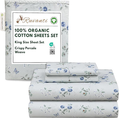 RUVANTI 100% Organic Cotton Sheets King Size, Percale Weave, GOTS Certified, 4-Piece Set, Deep Pocket 15", Crisp & Breathable, Soft Durable Bedding, Sábanas Algodón Orgánico – Butter Flight