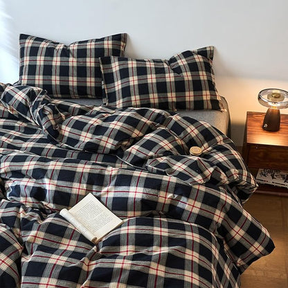 EAVD Vintage Black Plaid Gingham Comforter Set Twin XL Soft 100% Washed Cotton Black&Green&Red Grid Checkered Bedding Set with 2 Pillowcases Farmhouse Retro Plaid Comforter Set for All-Season