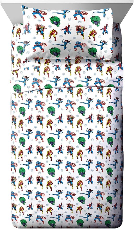 Jay Franco Kids Sheet Set with Fitted, Flat Sheets & Pillow Cover - Ultra-Soft Bedding with Pillowcase for Room Decor, White - Avengers, 3 Piece Twin