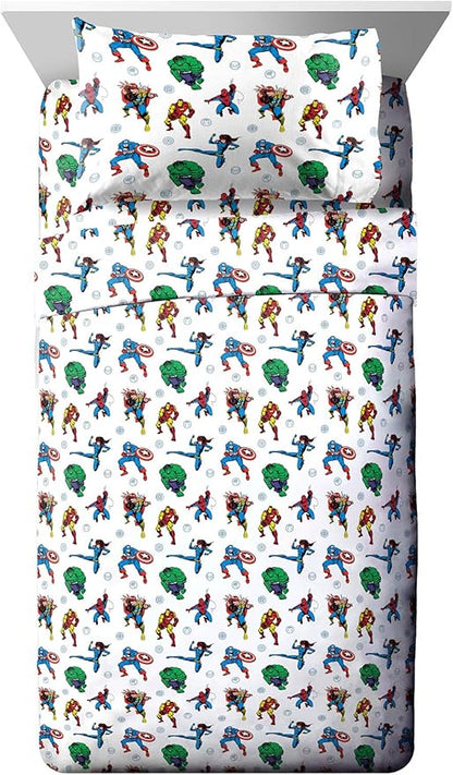 Jay Franco Kids Sheet Set with Fitted, Flat Sheets & Pillow Cover - Ultra-Soft Bedding with Pillowcase for Room Decor, White - Avengers, 3 Piece Twin