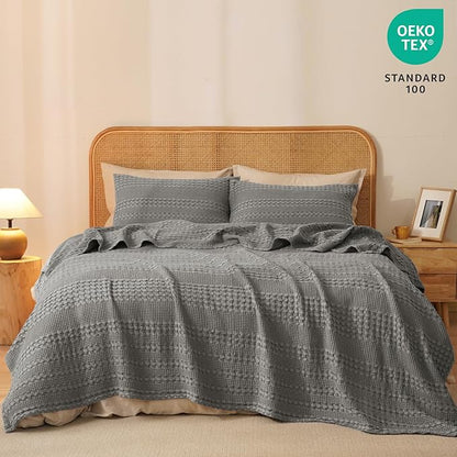 PHF 100% Cotton Waffle Weave Blanket King Size for Bed, Soft Lightweight & Breathable for Spring and Summer, All-Season Comfort, Luxury Aesthetic Blanket for Home Decor, 108"x90", Dark Grey