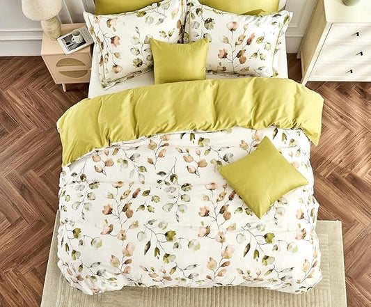 Queen Size Duvet Cover Set with Button Closure - Multicolor Light Green and Yellow Botanical Luxury Bedding for a Comfortable Sleeping