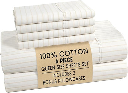 Casa Platino Sheets Queen Size Bed Set – 100% Cotton Sheet Set Queen Crisp Percale Weave with 4 Pillowcases, with 15" Deep Pocket Fitted Sheet for Secure Fit, Ultra Soft & Breathable – Sandora