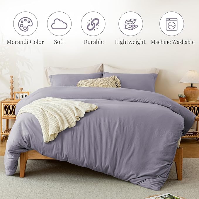 MILDLY Super Soft Duvet Cover - 100% Washed Microfiber Grayish Lavender Comforter Cover Set 3 Pieces with Zipper Closure & Corner Ties (No Comforter)