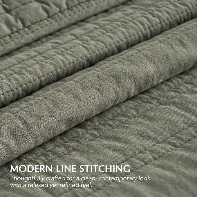 EVERGRACEHOME 100% Cotton Modern Lines Quilt Set Queen Size, Pre-Washed Soft Striped Coverlet Bedspread, 3 Piece Lightweight Bedding Set for All Season, with 2 Pillow Shams, Olive Green