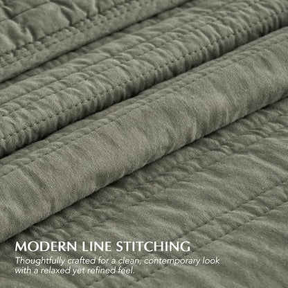 EVERGRACEHOME 100% Cotton Modern Lines Quilt Set Queen Size, Pre-Washed Soft Striped Coverlet Bedspread, 3 Piece Lightweight Bedding Set for All Season, with 2 Pillow Shams, Olive Green