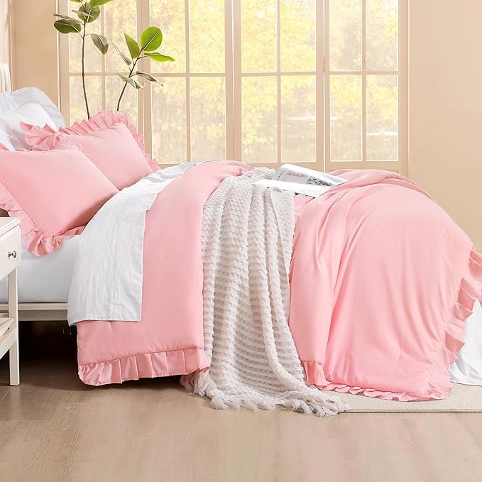 Litanika Pink King Size Comforter Set, 3 Pieces Ruffle Farmhouse Aesthetic Bedding Comforter Set, All Season Soft Lightweight Fluffy Microfiber Bed Set(104x90In Comforter, 2 Pillowcases)