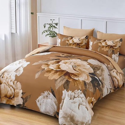 Dobuyly Brown King Size Comforter Set 7 Piece Bed in a Bag, Floral Printed on Brown Comforter Set with Sheets, Soft Microfiber Botanical Fall Complete Bedding Set for All Season