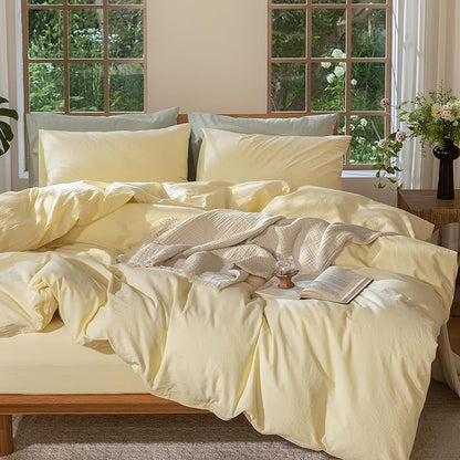 MooMee Bedding Duvet Cover Set 100% Washed Cotton Linen Like Textured Breathable Durable Soft Comfy (Heathered Butter Yellow, Twin 68"x90")