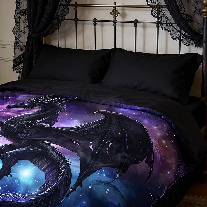 Fantasy Dragon Bedding Set Purple Blue Nebula Comforter Set King Size Mysterious Outer Space Bedding Set for Kids Boys Girls Teens Room Decor Safari Wildlife Animals Quilt Set