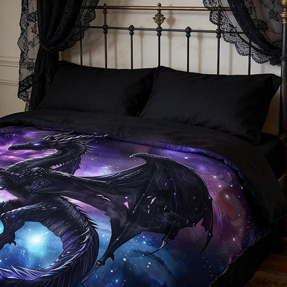 Fantasy Dragon Bedding Set Purple Blue Nebula Comforter Set King Size Mysterious Outer Space Bedding Set for Kids Boys Girls Teens Room Decor Safari Wildlife Animals Quilt Set