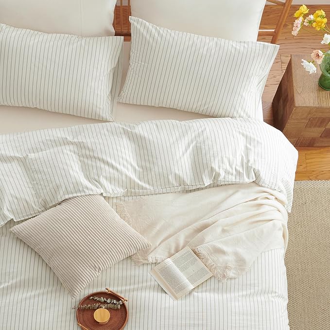 Nayoroom Striped Duvet Cover Queen Size 100% Washed Cotton White Brown Stripe Duvet Cover 3 Pieces Soft Breathable Girls Dorm Bedding Set for All Seasons, Yarn Dyed Process