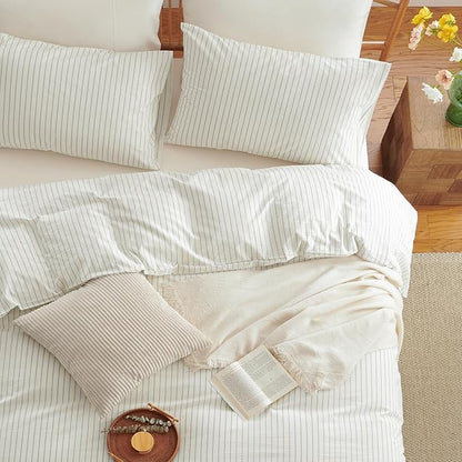 Nayoroom Striped Duvet Cover Queen Size 100% Washed Cotton White Brown Stripe Duvet Cover 3 Pieces Soft Breathable Girls Dorm Bedding Set for All Seasons, Yarn Dyed Process