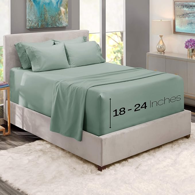 Hearth & Harbor Bed Sheets, Luxury Soft 6 Piece Bed Sheet Set Extra Deep Pocket Fitted Sheets Fits Mattress up to 21", Double Brushed Bedding Sheets & Pillowcases, Split King Ice Green