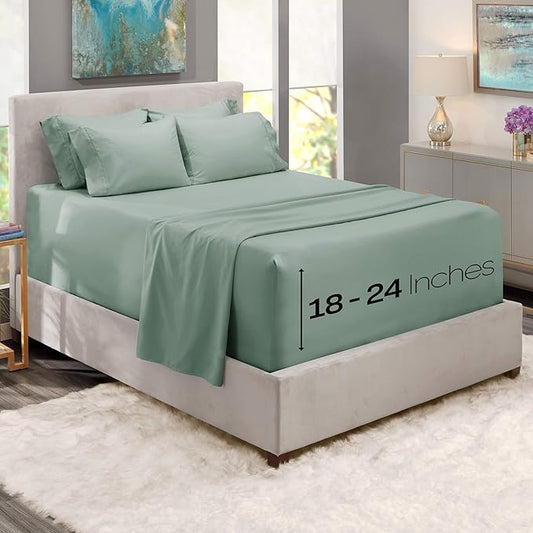 Hearth & Harbor Bed Sheets, Luxury Soft 6 Piece Bed Sheet Set Extra Deep Pocket Fitted Sheets Fits Mattress up to 21", Double Brushed Bedding Sheets & Pillowcases, Cal King, Ice Green