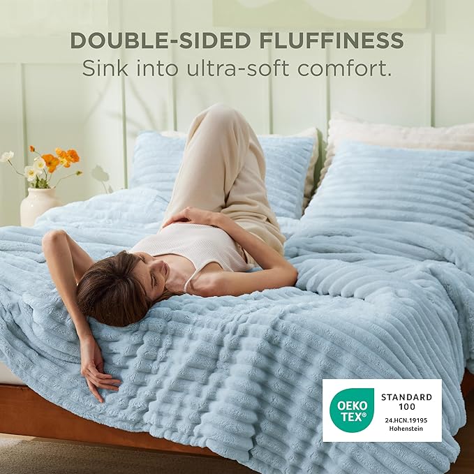 Bedsure Comforter Set Queen Size - GentleSoft™ 3 Pieces Double-Side Fleece Fluffy Light Blue Comforter Set, Cozy Striped Room Decor Aesthetic, Luxury Bedding Queen Size, 2 Pillowcases, 90x90 Inches