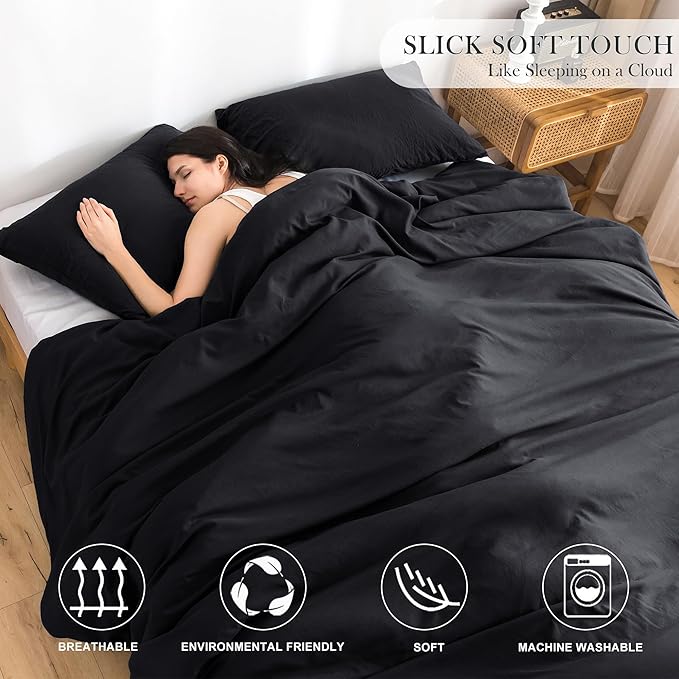 Ultra-Soft Black Twin Comforter Set, Washed Cotton 2 Piece Fluffy Lightweight Down Alternative Bedding Comforter for All Seasons - 1 Conforter and 1 Pillowcase - Twin/Twin XL Size Signal Dorm Kids Bed